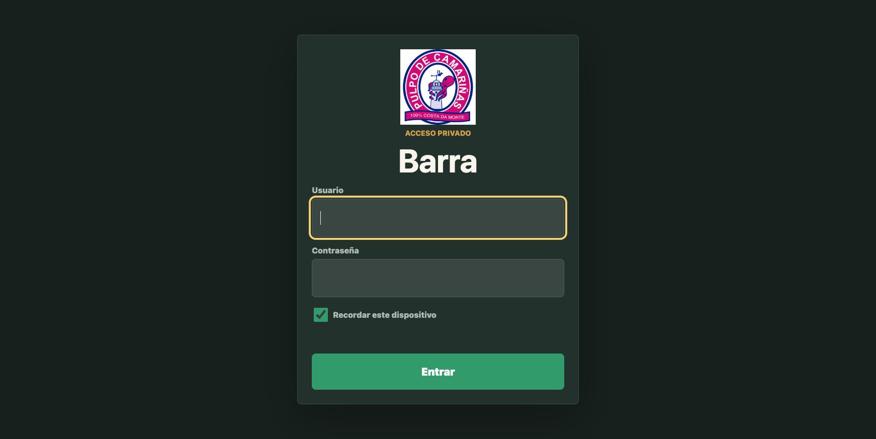 Acceso de la aplicación Pulpo Barra